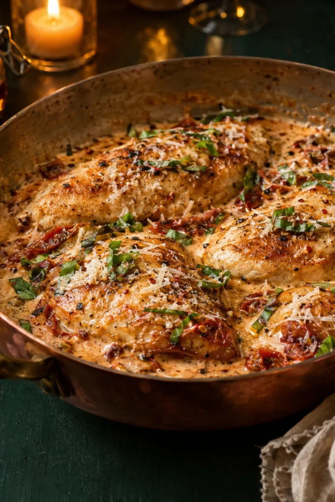 Creamy Marry Me Chicken in a skillet, a recipe card from Excelite Host